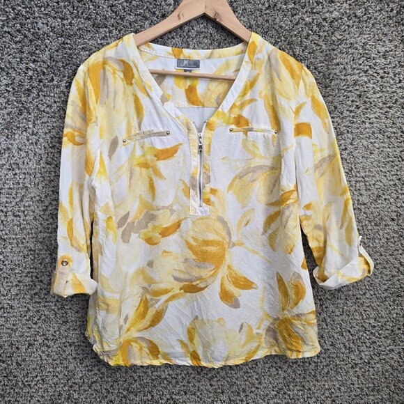 JM Collection Top Womens Medium Yellow Linen Floral‎ Zip Blouse Ladies - Picture 1 of 7